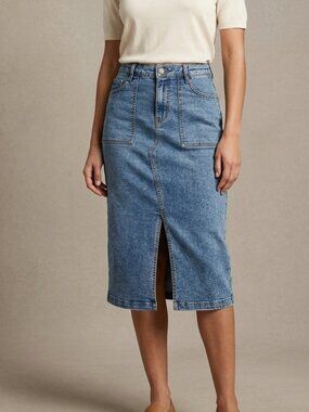 NWT - Size 5 blue denim skirt w/ front split. "Midi Skirt". Jean skirt. Summer